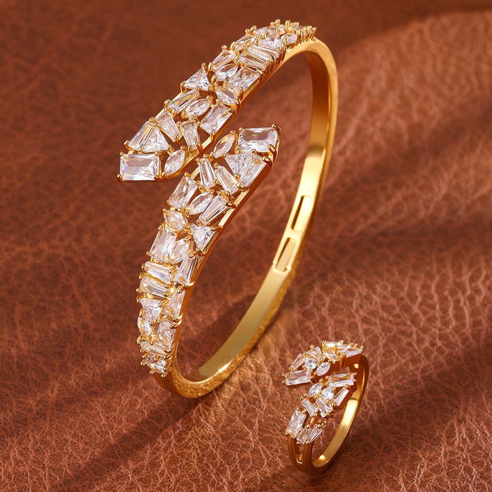 RAKOL Open Copper Zircon Semi-Setting Bracelet Diamond-Encrusted Simple Versatile Elegant Bracelet Women's Bracelet Ring Set