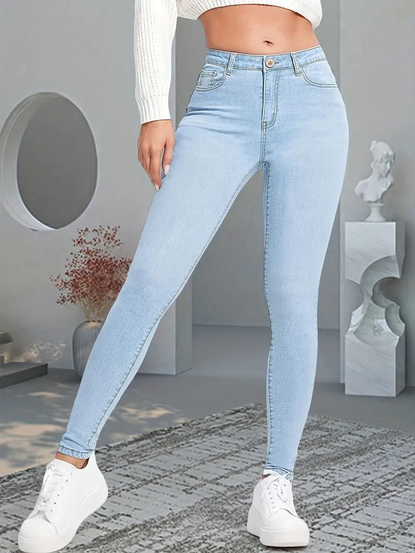 Women's jeans fashionable and versatile, stretch pants, simple slim slim light blue denim trousers, JEANS