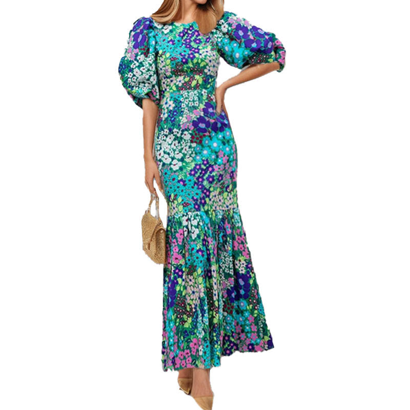 Cross-border women's clothing 2026 new fashion long skirt printed floral small daisy pastoral slim crew neck mermaid dress