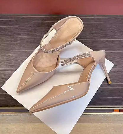 2026 autumn new pointed diamond belt high heels with stiletto heels female royal sister temperament wear sexy toe toe cool half slippers