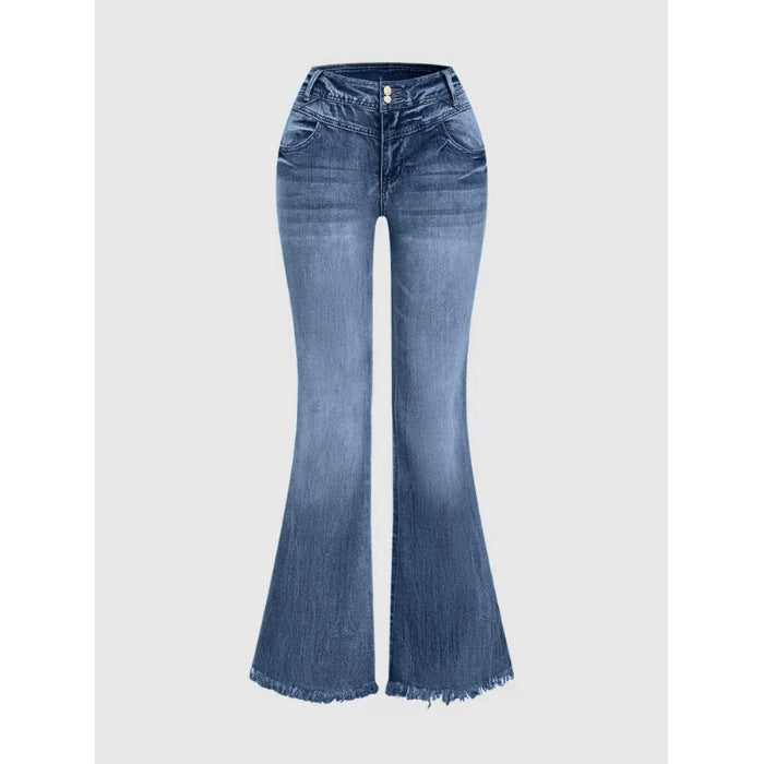 Cross-border, bootcut jeans women, elastic raw edge hip lifting high-waisted skinny wool horseshoe pants, double-breasted cotton
