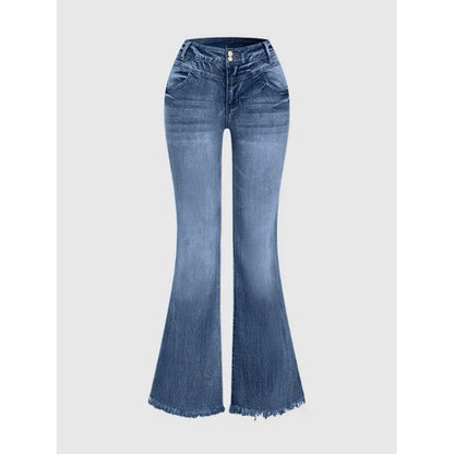 Cross-border, bootcut jeans women, elastic raw edge hip lifting high-waisted skinny wool horseshoe pants, double-breasted cotton