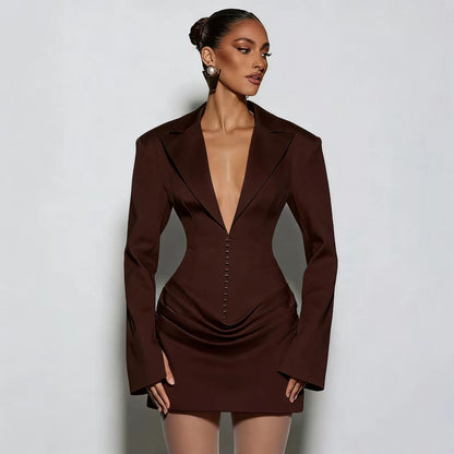 Foreign trade European and beautiful women's autumn and winter new solid color sexy deep V-neck pleats waist slimming temperament suit dress