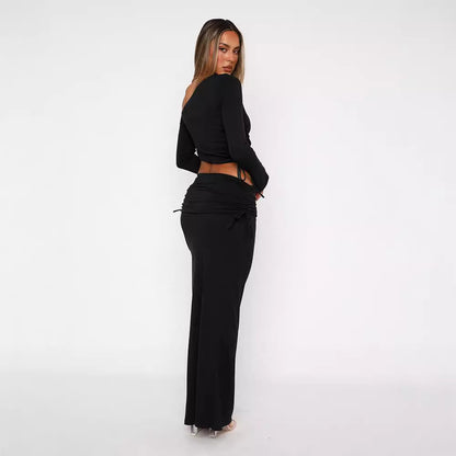 Cross-border European and American women's autumn and winter new temperament solid color one-shoulder crop top high-waisted slim skirt suit women