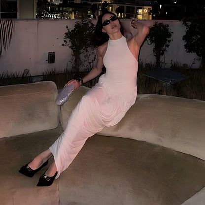 Cross-border wholesale European and American women's clothing new temperament solid color crew neck sleeveless slim slit pleated dress for women