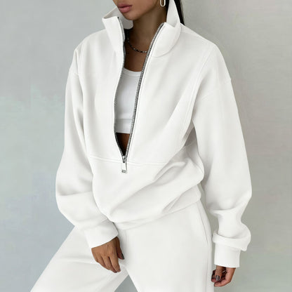 2026 cross-border Amazon European and beautiful women's clothing foreign trade new zipper fleece sweatshirt sports fashion sweatshirt set