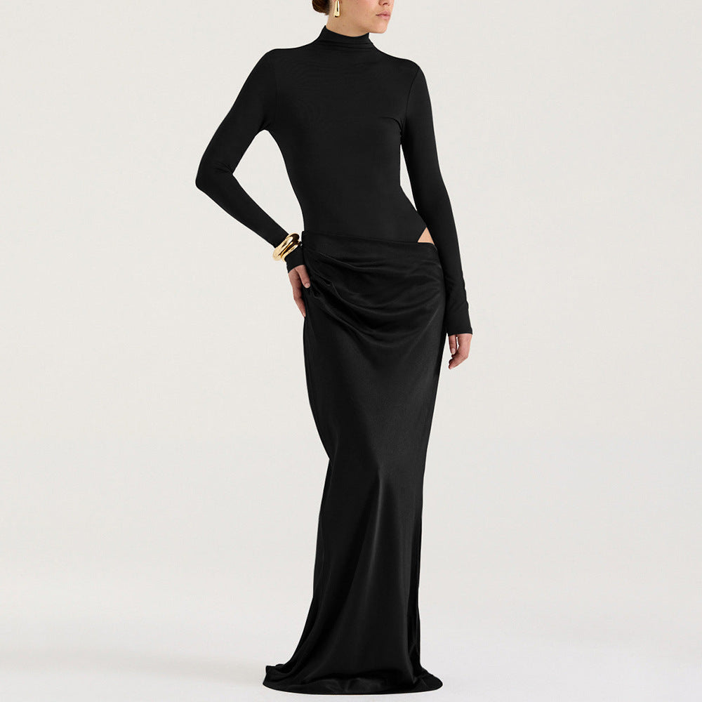 Cross-border women's autumn and winter new European and American style solid color turtleneck sexy waistless fake two long-sleeved slim dresses for women