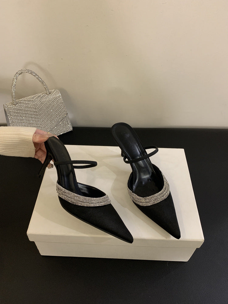 Spring 2026 rhinestone-embellished silk satin pointed heels heeled heels women's shoes wrapped toe shallow half slippers European and American style