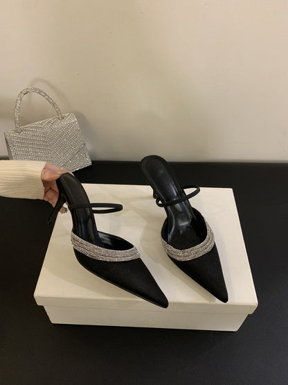 Spring 2026 rhinestone-embellished silk satin pointed heels heeled heels women's shoes wrapped toe shallow half slippers European and American style