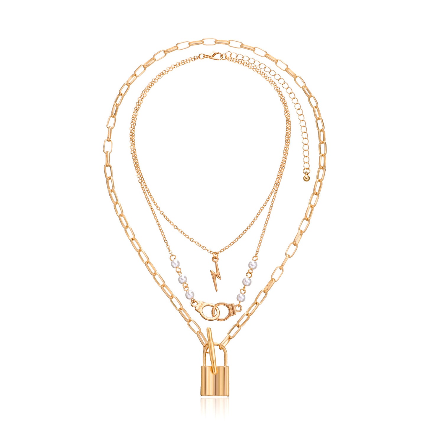 European and American cross-border jewelry, handcuffs, lightning pearls, lock pendants, necklaces, women's personality, fashion temperament, multi-layer necklaces