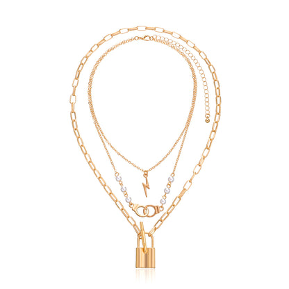European and American cross-border jewelry, handcuffs, lightning pearls, lock pendants, necklaces, women's personality, fashion temperament, multi-layer necklaces