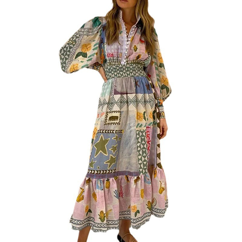 2026 AliExpress European and American New Women's Temperament Commuter Print Painted Long Sleeve Fashion Large Swing European and American Dress