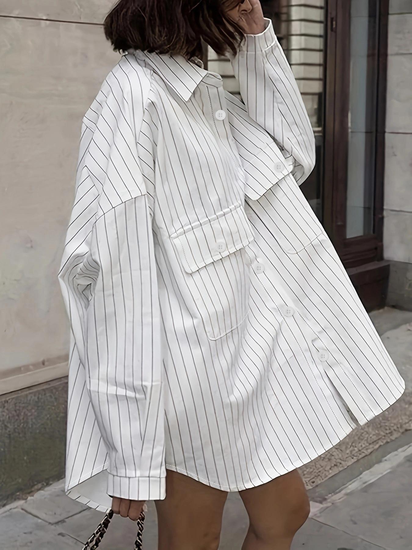 Cross-border loose and lazy vertical stripe loose shirt for women, mid-length long-sleeve shirt for spring and summer