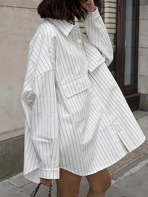 Cross-border loose and lazy vertical stripe loose shirt for women, mid-length long-sleeve shirt for spring and summer