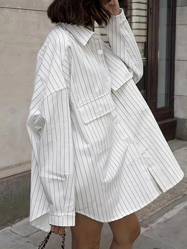 Cross-border loose and lazy vertical stripe loose shirt for women, mid-length long-sleeve shirt for spring and summer
