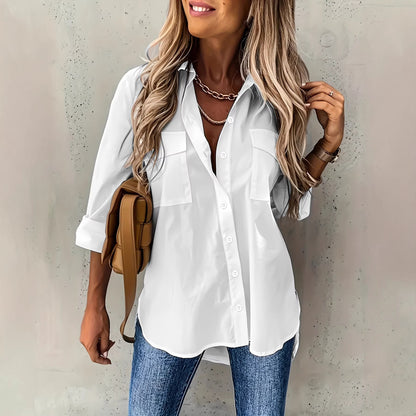 New 2024 European and American women's cross-border European and American four seasons versatile with pocket loose long sleeve roll-neck shirt top
