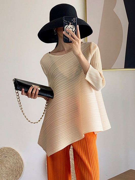 Primavera e Verão Roupas Femininas T-shirt Venda Quente Solta Emagrecimento 7 pontos de Manga Tamanho Grande Roupas Femininas Miyake Top Pullover das Mulheres