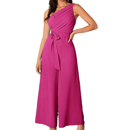 In stock, European and American cross-border 2025 Amazon spring and summer women's explosive EBA temperament slanted shoulder suspender strap jumpsuit