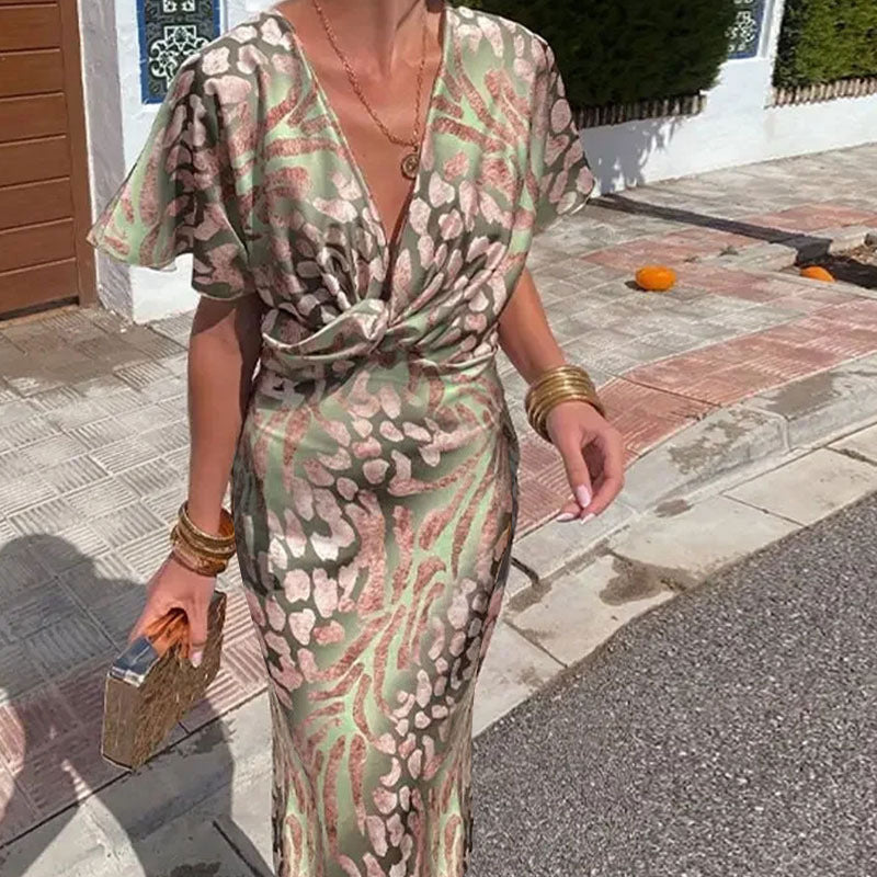 2026 Independent Station European and American Foreign Trade Women's Fashion Tight Print Twisted Mid-Waist Sexy V-Neck Spring Dress