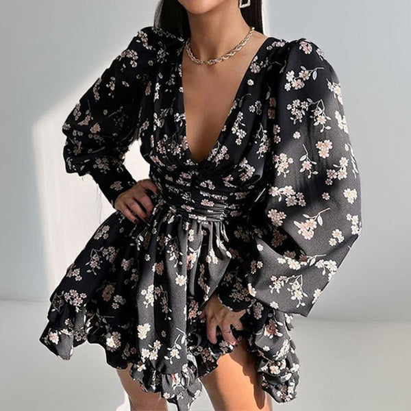 Spring 2026 New Amazon European and American Fashion Printed Long Sleeve Pleated Short Skirt Sexy Backless Dress