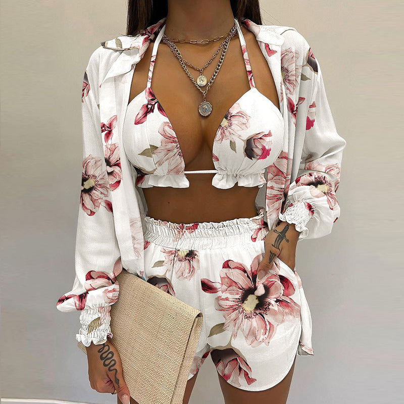 2026 Spring New European and American Cross-border Women's Sexy Printed Suisole Shirt Shorts Three-Piece Set Women