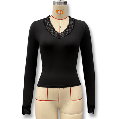 Foreign trade European and American style women's autumn and winter new sexy V-neck lace patchwork waist crop long sleeve top for women