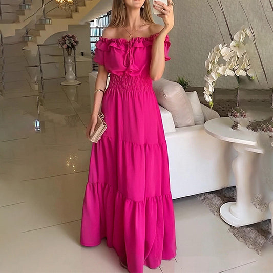 2025 European and American cross-border foreign trade new fashion solid color lotus lace leaf edge bandeau puff sleeve big swing dress for women