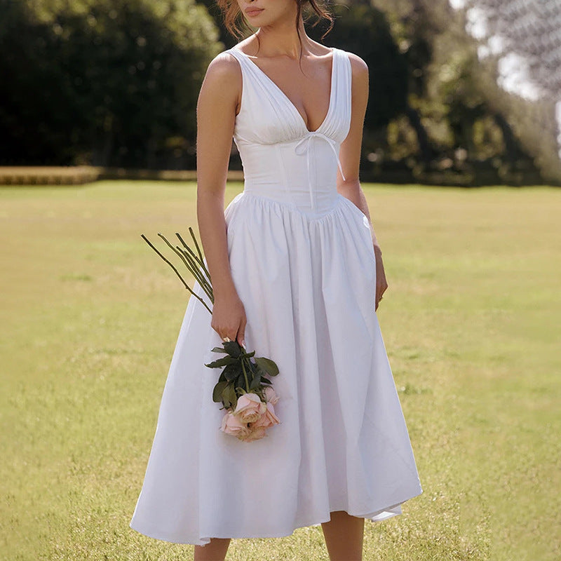 2026 independent station new European and American clothing temperament elegant and fashionable open back printed suspender sexy European and American dress