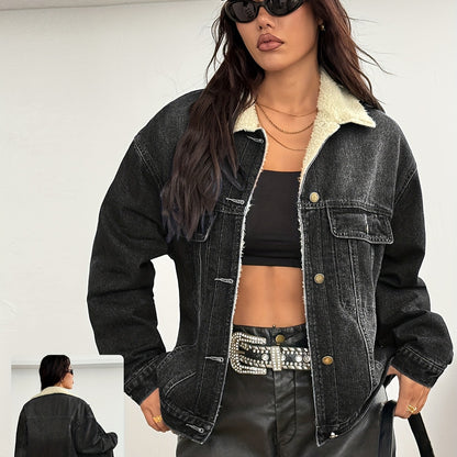 New Women's Elegant Casual Versatile Loose Slim Long Sleeve Retro Short Denim Warm Cotton Jacket Blue Black