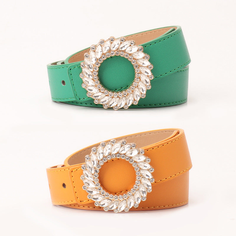 Cross-border new fashion round buckle rhinestone belt women's simple and versatile women's belt decoration luxury belt wholesale