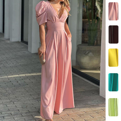 Primavera 2026: Novo Macacão plissado sexy de cintura subida com decote em V, estilo europeu e americano, da Amazon. Moda feminina transfronteiriça europeia e americana.