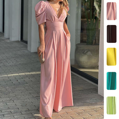 Primavera 2026: Novo Macacão plissado sexy de cintura subida com decote em V, estilo europeu e americano, da Amazon. Moda feminina transfronteiriça europeia e americana.