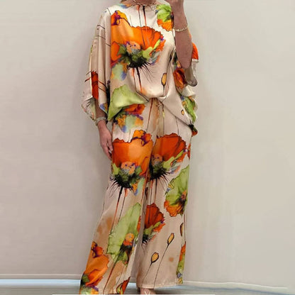 Independent station spring new European and American clothing temperament elegant printed bat sleeve wide-leg trousers fashion suit 661