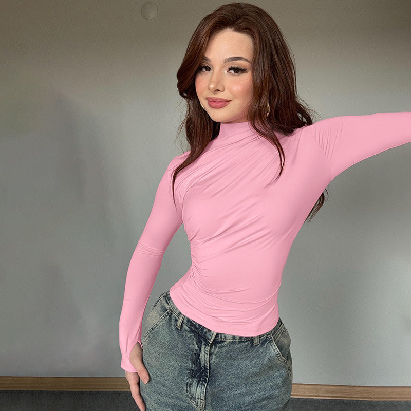 Cross-border European and American women's autumn new solid color slim long-sleeved base top, sexy hot girl pleated tight T-shirt