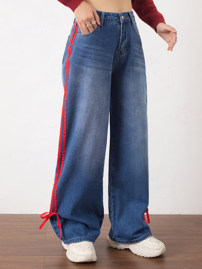 Women's denim trousers, American vintage red-edged webbing, versatile casual slimming straight-leg trousers, can be worn in all seasons