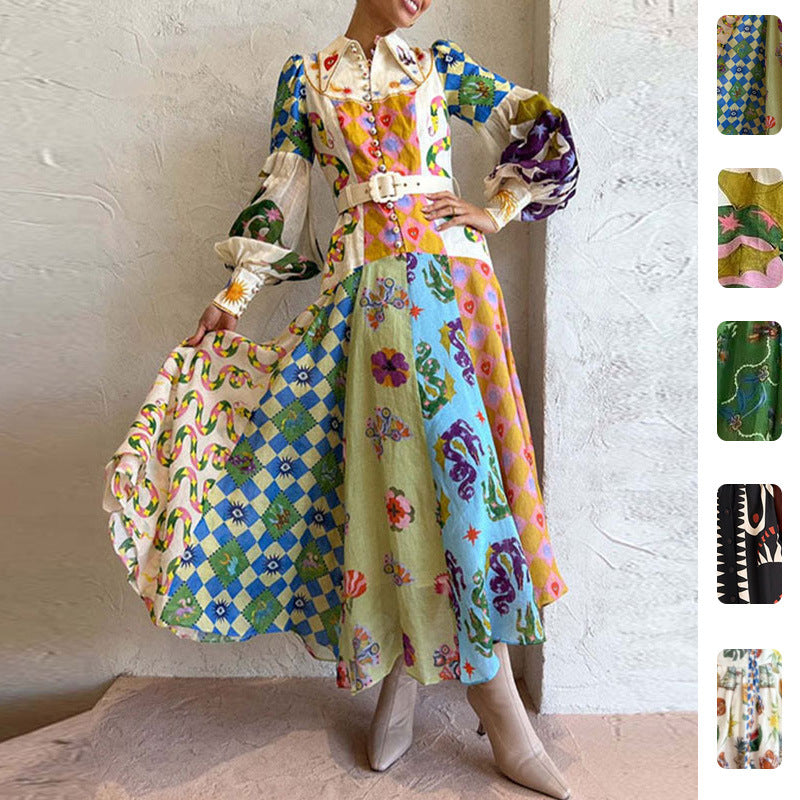 Spring 2026 new European and American cross-border women's lantern sleeve printed lapel cinched waist long sleeve big swing dress