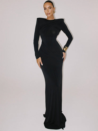 Cross-border autumn and winter new European and American fashion solid color crew neck sexy open back pleated slim hip hugging dress for women