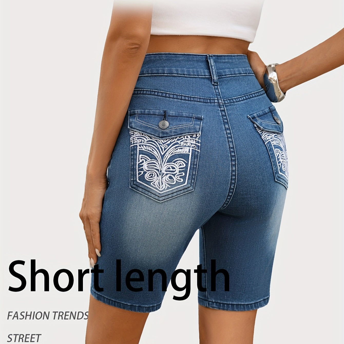Summer new women's elegant denim culottes cargo pants women's anti-light A-shaped pocket embroidery slimming