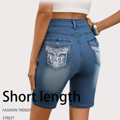 Summer new women's elegant denim culottes cargo pants women's anti-light A-shaped pocket embroidery slimming