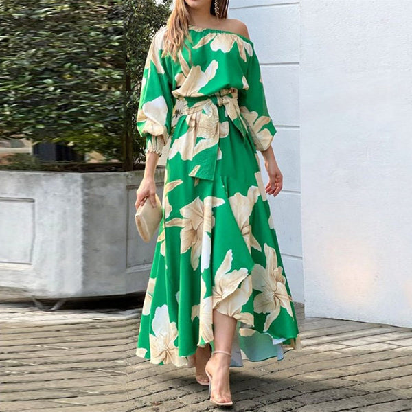 2026 Spring European and American Women's Clothing Amazon New Temperament Elegant Print Long Sleeve Slanted Collar Plus Size Loose Dress