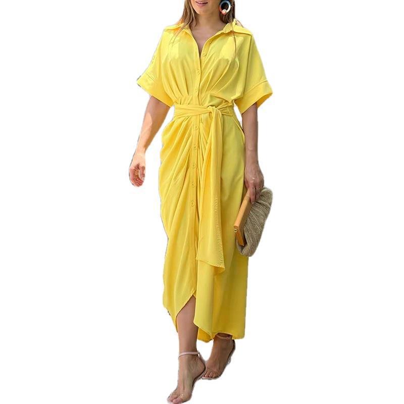 Spring 2026 European and American cross-border women's fashion lapel mid-length short-sleeved single-breasted high-waisted shirt dress dress