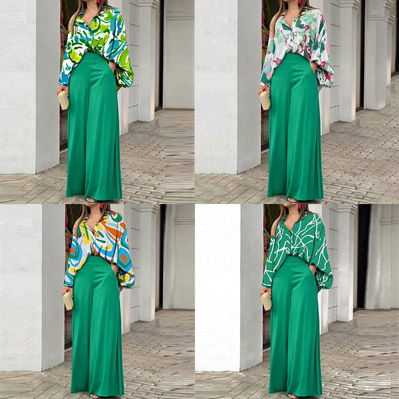 European and American clothing Amazon 2026 printed shirt long sleeve INS style temperament trousers fashion winter outfit set