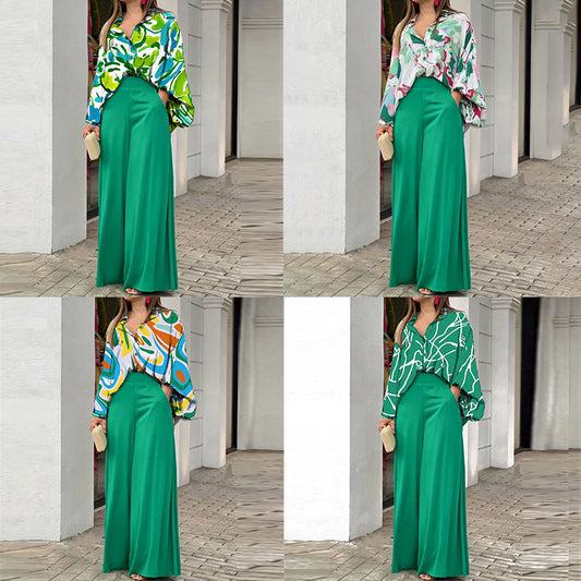 European and American clothing Amazon 2026 printed shirt long sleeve INS style temperament trousers fashion winter outfit set