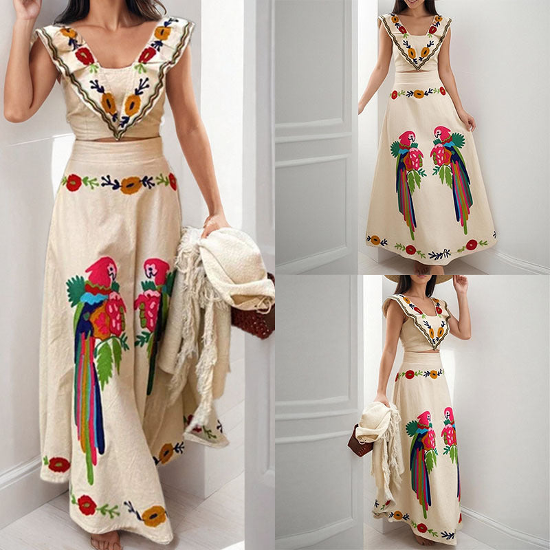 Amazon cross-border European and beautiful women's clothing 2026 spring new ins printed ruffled top skirt fashion set