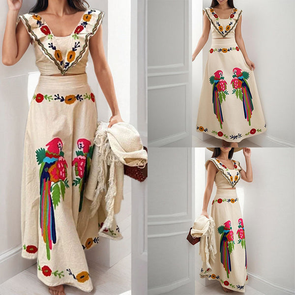 Amazon cross-border European and beautiful women's clothing 2026 spring new ins printed ruffled top skirt fashion set
