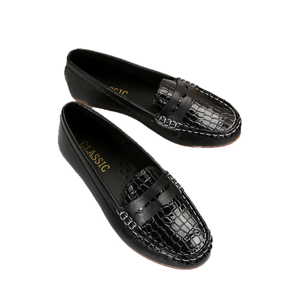 Cross-border women's shoes wholesale, foreign trade black crocodile pattern women's loafers, women's flat casual shoes, everyday women's shoes