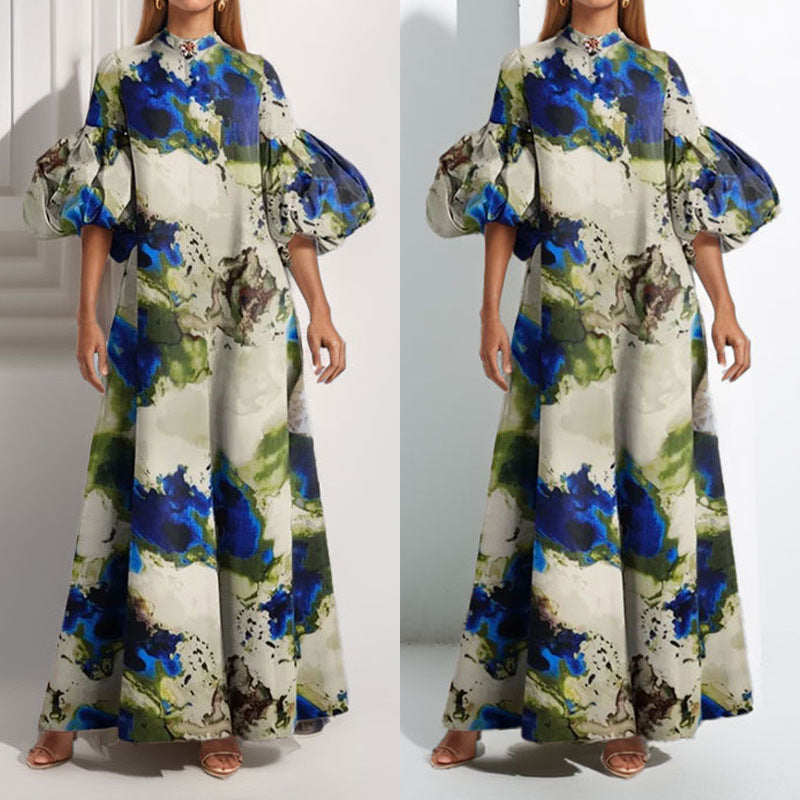 2026 New Foreign Trade European and American Clothing Temperament Loose Printed Painted Long Skirt Large Swing Puff Sleeve European and American Dress