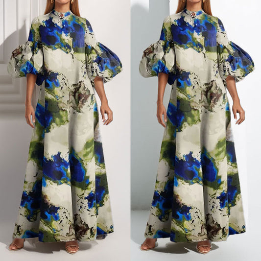 2026 New Foreign Trade European and American Clothing Temperament Loose Printed Painted Long Skirt Large Swing Puff Sleeve European and American Dress