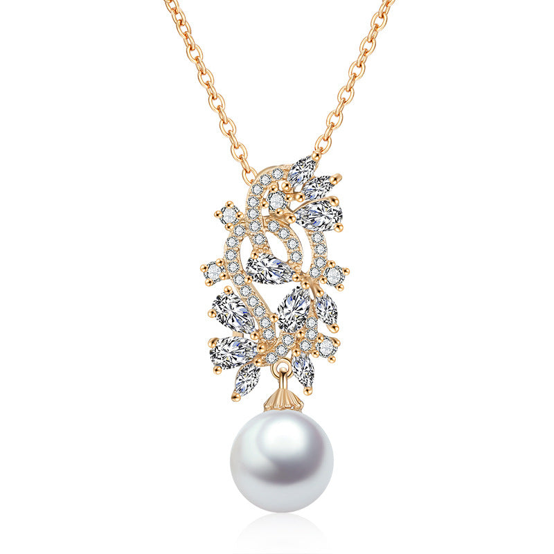 Cross-border bestselling jewelry: zircon floral and leaf necklace, faux pearl collarbone chain, European and American style light luxury bridal dinner accessory