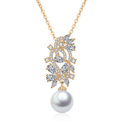 Cross-border bestselling jewelry: zircon floral and leaf necklace, faux pearl collarbone chain, European and American style light luxury bridal dinner accessory